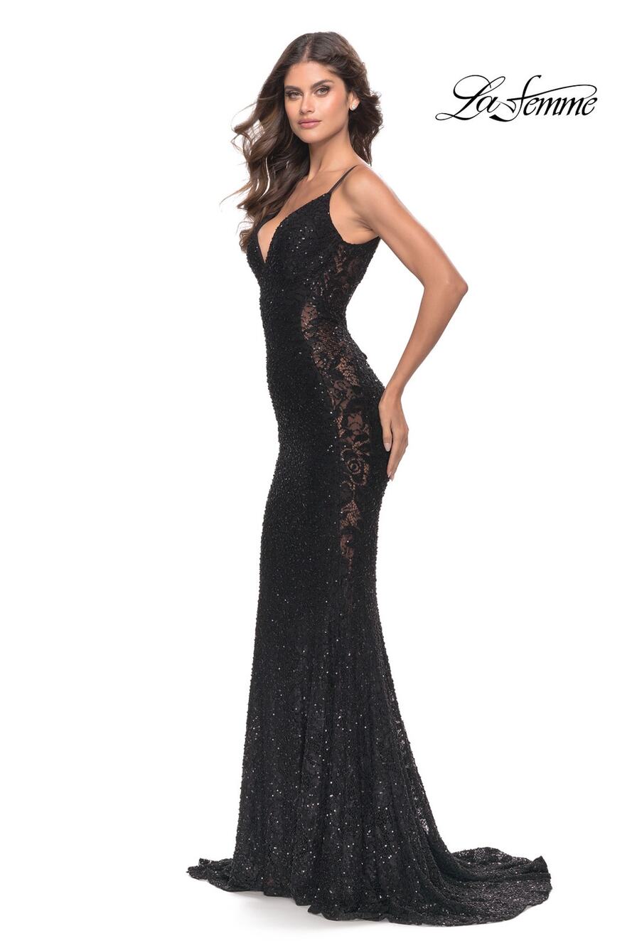 La Femme Black Beaded Lace Open Tie Back V-Neck Mermaid Prom Formal Gown 0